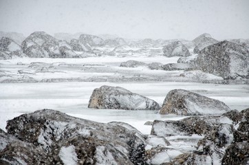 Schneegestöber am Dettifoss in Island