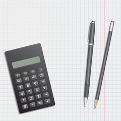 Pen,pencil and calculator on a clean sheet
