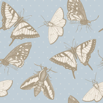 Seamless vector pattern with ink hand drawn butterflies