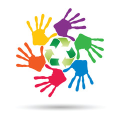 Vector concept circle of hands, green recycle symbol