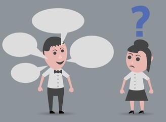 happy man talking doll and angry woman