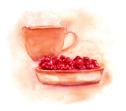 Watercolor coffee (or tea) cup and strawberry tart drawing