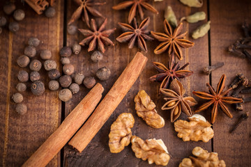 Fototapeta na wymiar Different Kinds of Spices and Dried Oranges