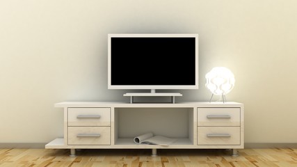 Empty LED TV on television shelf in classic interior background with decorative paint wall and wooden floor. Copy space image. 3d render