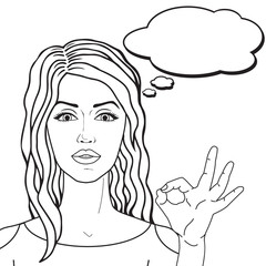 Girl showing ok gesture with speech bubble, pop art comics style vector illustration outlined. Line art curly girl with announcement.