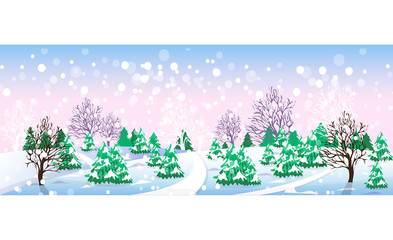 Winter landscape. Christmas trees and trees, snowdrifts and snowflakes, forest and quiet. Vector illustration