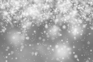 Fototapeta premium Modern blurry silver abstract snowflake Christmas illustration background. Beautiful Christmas or New year Holiday snowfall copy space background.