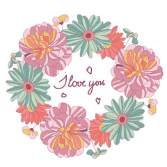 beautiful bright background with a pattern of flowers and leaves in a circle snadpisyu I love you on white background