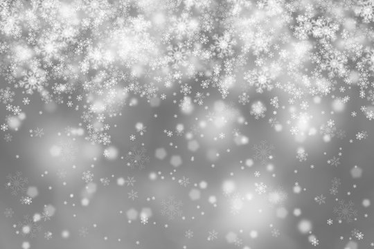 Modern blurry silver abstract snowflake Christmas illustration background. Beautiful Christmas or New year Holiday snowfall copy space background.