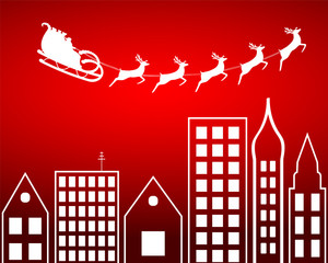 Santa Claus flies reindeer in harness over city © Basthamp