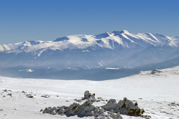 Rila Mountains seen from the Vitosha Mountain. Seen ski resort of Borovets and the highest peak in the Balkans - Musala (2925 m above sea level), Bulgaria.