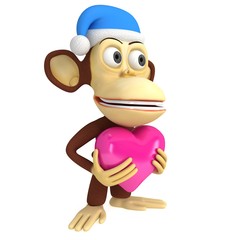 3d funny monkey in santa claus cap with pink heart