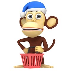 3d funny monkey in santa claus hat with shopping cart