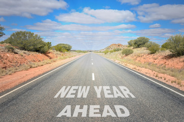 New Year Ahead on the Asphalt of an Australian Desert Road. Conceptual Image