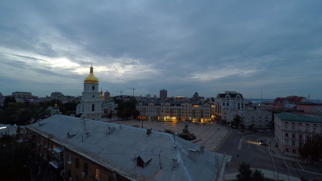 Kyiv, Ukraine, 4K timelapse Saint Sophia Cathedral square in Kyiv, Ukraine.  Turning lights. Change day to night