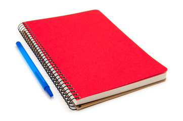 spiral red notebook and pen isolated on white