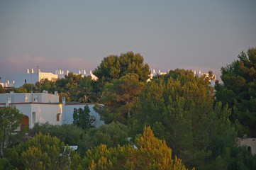 White Ibiza style buildings and green vegetation in the southeast on a sunny summer evening in Mallorca, Balearic islands, Spain.