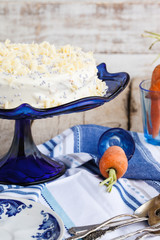 Plum cake in the shape  with powdered sugar.selective focus