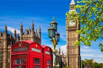 Deurstickers Rode Britse telefooncel voor de Big Ben, Londen © IRStone