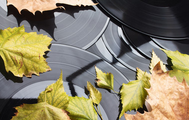 Background of vinyl records and autumn leaves.