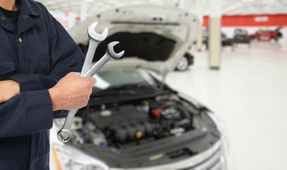 Hand of car mechanic in auto repair service. 