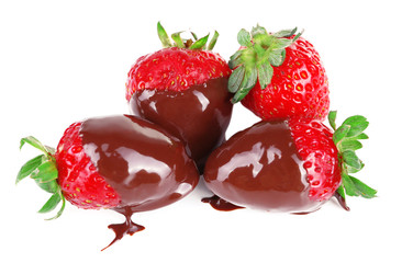 Bunch of delicious strawberries in chocolate isolated on white