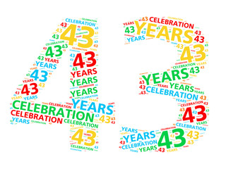Colorful word cloud for celebrating a 43 year birthday or anniversary