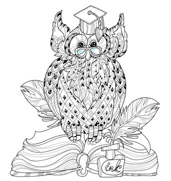 Old Owl  on books- hand drawn doodle vector on white background.Isolated illustration zentangle ready for coloring book.