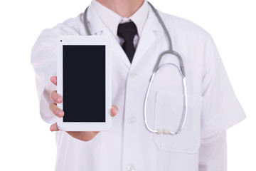 close-up doctor showing tablet computer blank screen