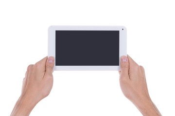 hand with small tablet computer blank screen