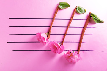 Creative music notes made of flowers on pink background