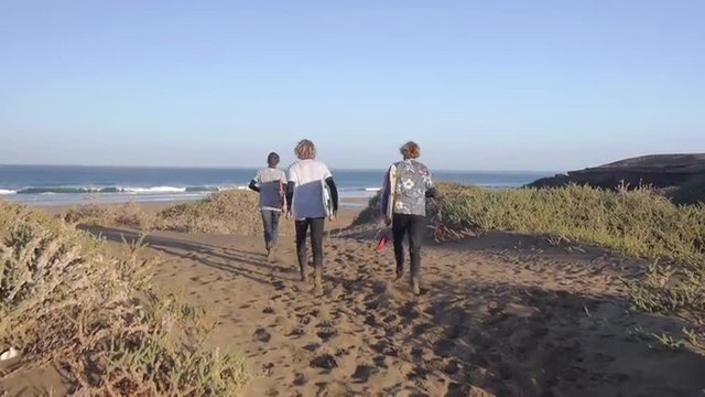 AERIAL: Three surfers running towards the coean