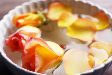 Beautiful orange rose and petals in a bowl of water, close-up