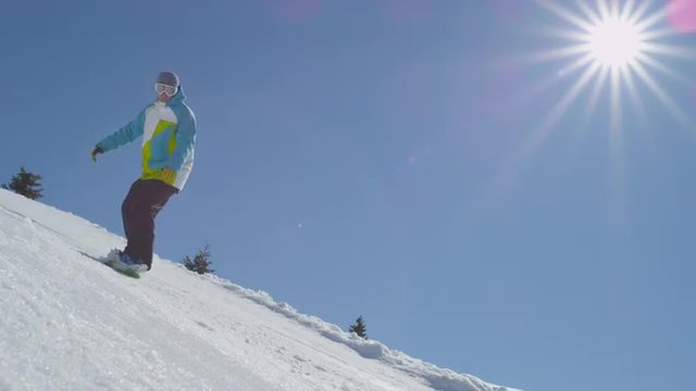 SLOW MOTION: Snowboarder jumping over the camera