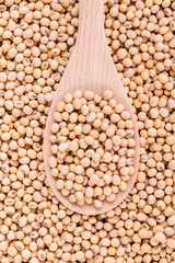 Close Up soy beans in wooden spoon and soy beans background.