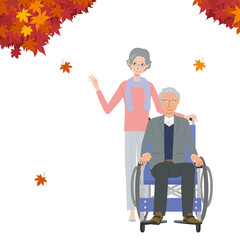 高齢者　車いす　イラスト　秋