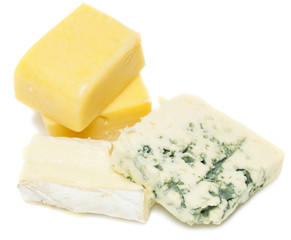 different type cheeses isolated on white background
