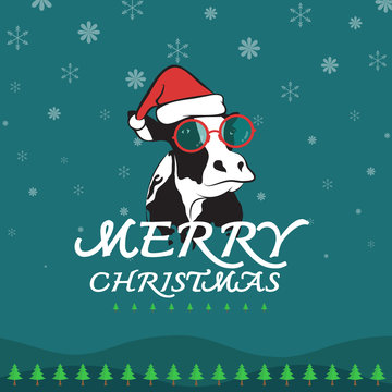 Vector merry christmas greeting cow card on dark blue background