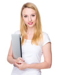 Caucasian woman hold with laptop computer