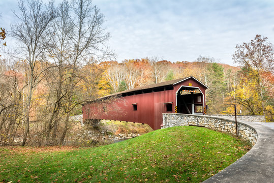 Covered Bridge In Pennsylvania During Autumn