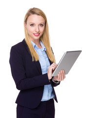 Caucasian Young Businesswoman use of the tablet pc