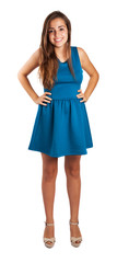 pretty young girl wearing a blue dress isolated on a white backg