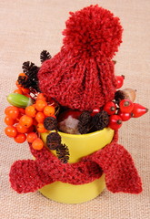 Autumn decoration with cup wrapped scarf and woolen cap on burlap