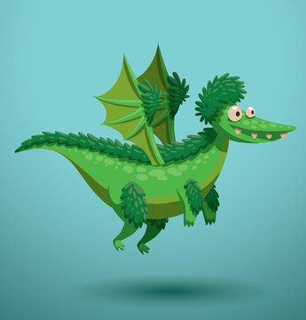 Vector Funny flying dragon, green. Cartoon image of a funny green flying dragon on a turquoise background.
