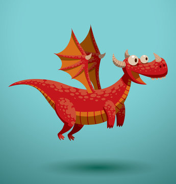 Vector Funny flying dragon, red. Cartoon image of a funny red flying dragon on a turquoise background.
