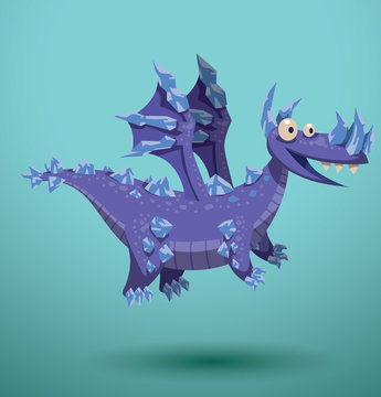 Vector Funny flying dragon, violet. Cartoon image of a funny violet flying dragon on a turquoise background.