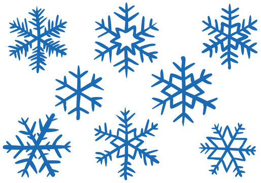 Vektor-Set: 8 Schneeflocken, blau, handgezeichnet, Vektor, freigestellt