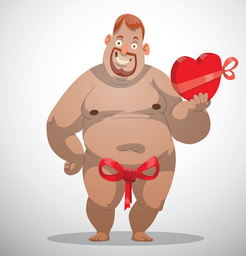 Vector cartoon image of a muscular man with ginger hair and beard with a red bow instead of cowards and with a red box of chocolates in his hand on a light background.