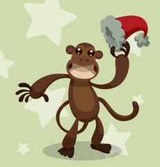Vector cartoon image of a funny brown monkey with red Santa's hats in his paw on a light gray background with white stars. In the theme of Christmas and New Year.