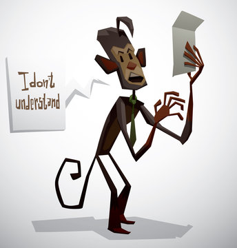 Vector Monkey in office, with a paper. Cartoon image of a brown funny office monkey in a green tie with a paper in his paw with speech bubble on a light background. 